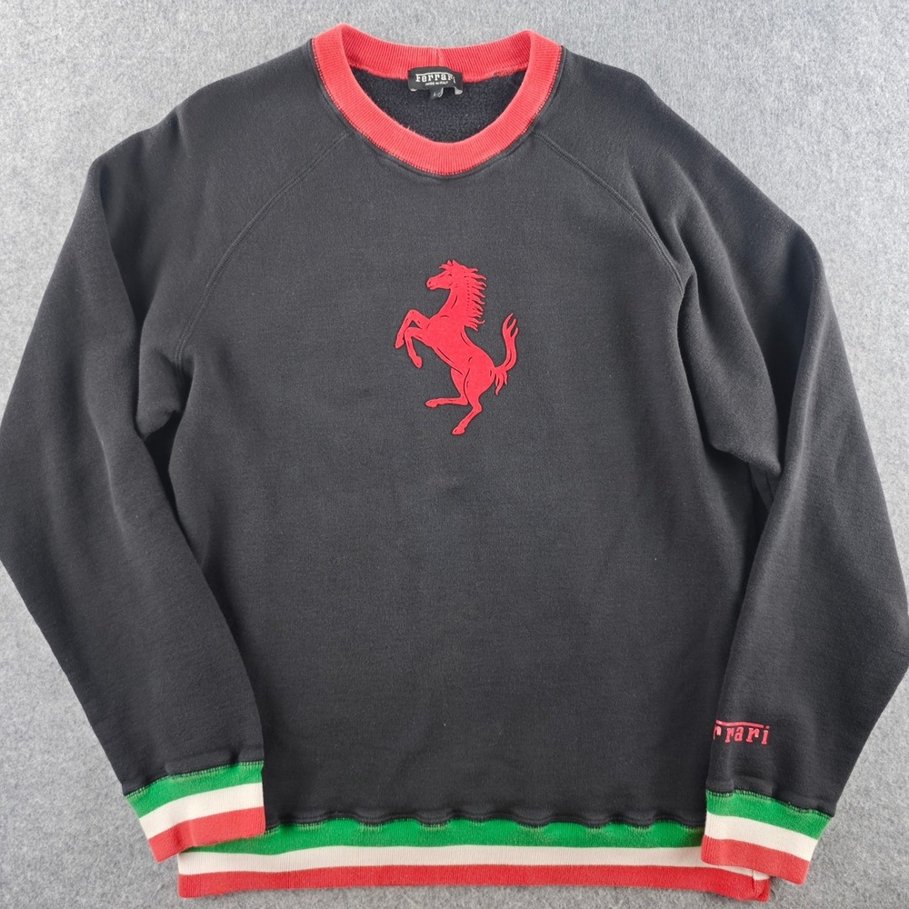 Ferrari Prancing Horse Crewneck Sweatshirt Mens Large Black Vintage Made Italy